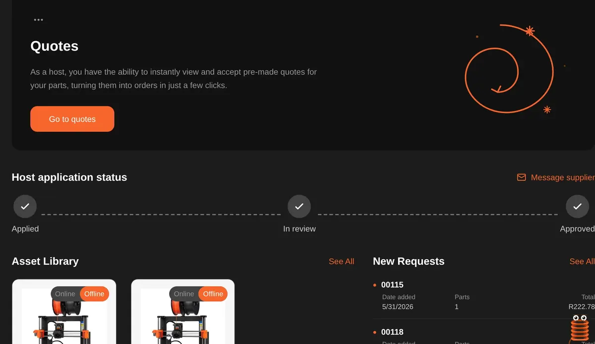 Host partner dashboard showing printers and jobs